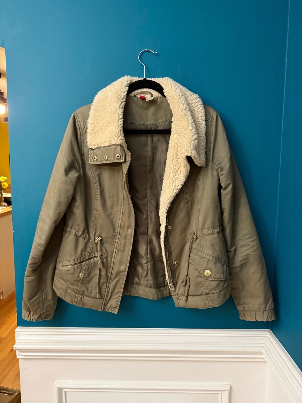 Mango Olive Green Jacket with Cream Sherpa Lining